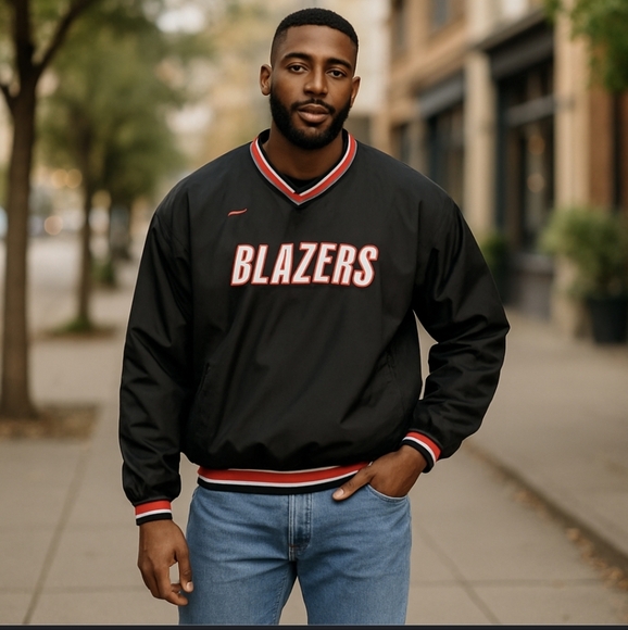 Vtg. NBA By Reebok Black Blazers Rare Pullover V Neck Lined Fleece Jacket Sz XL - Picture 1 of 11